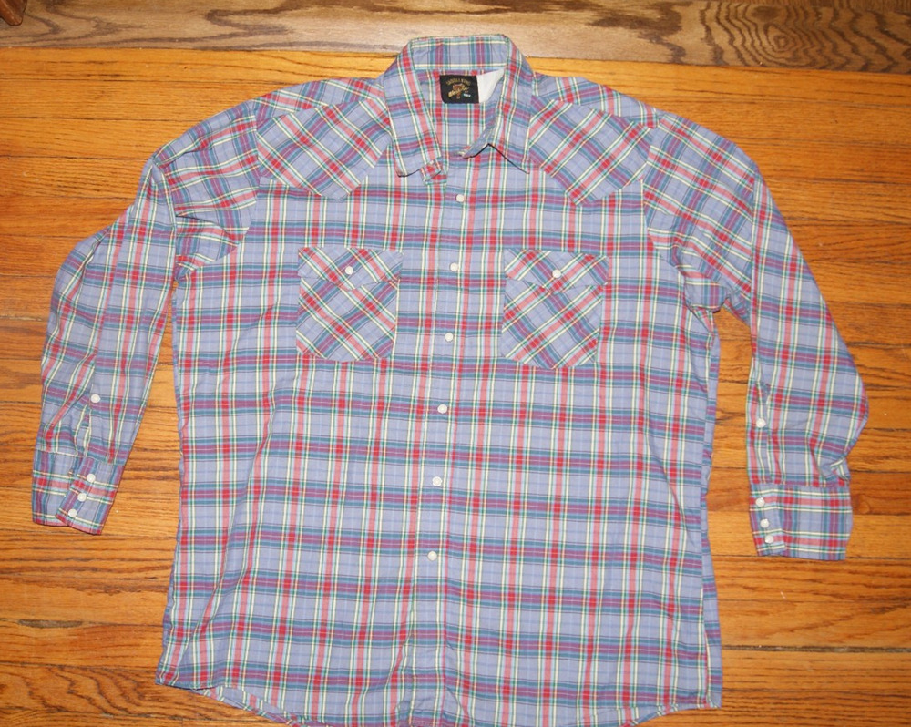 Vintage Key Saddle King Western Mens 2XL Blue Red Plaid Pearl Snap LS Shirt